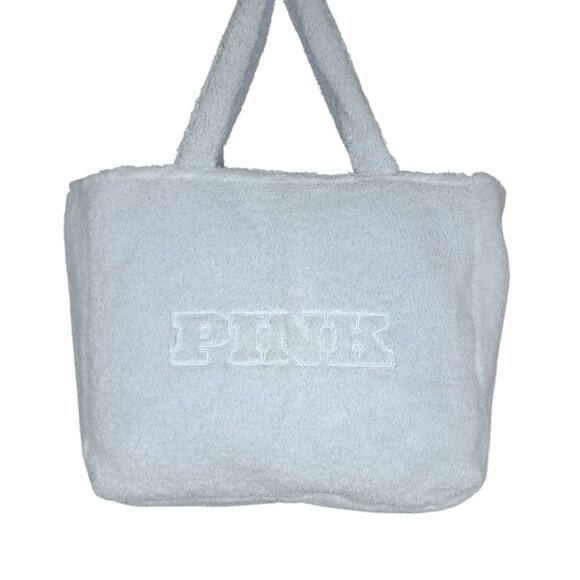 Victorias Secret PINK Fleece Tote Teddy Sherpa Bag Travel Overnight Logo Blue - Picture 5 of 11